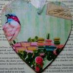 Wooden Heart With Bird And Macaron Design